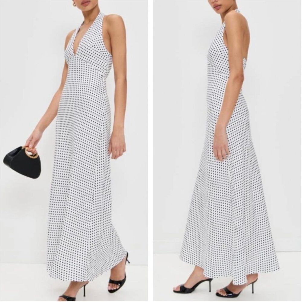 BEST Reformation Delilah Linen Maxi Dress Sz4 Eclipse Dot Polka Vacation Halter